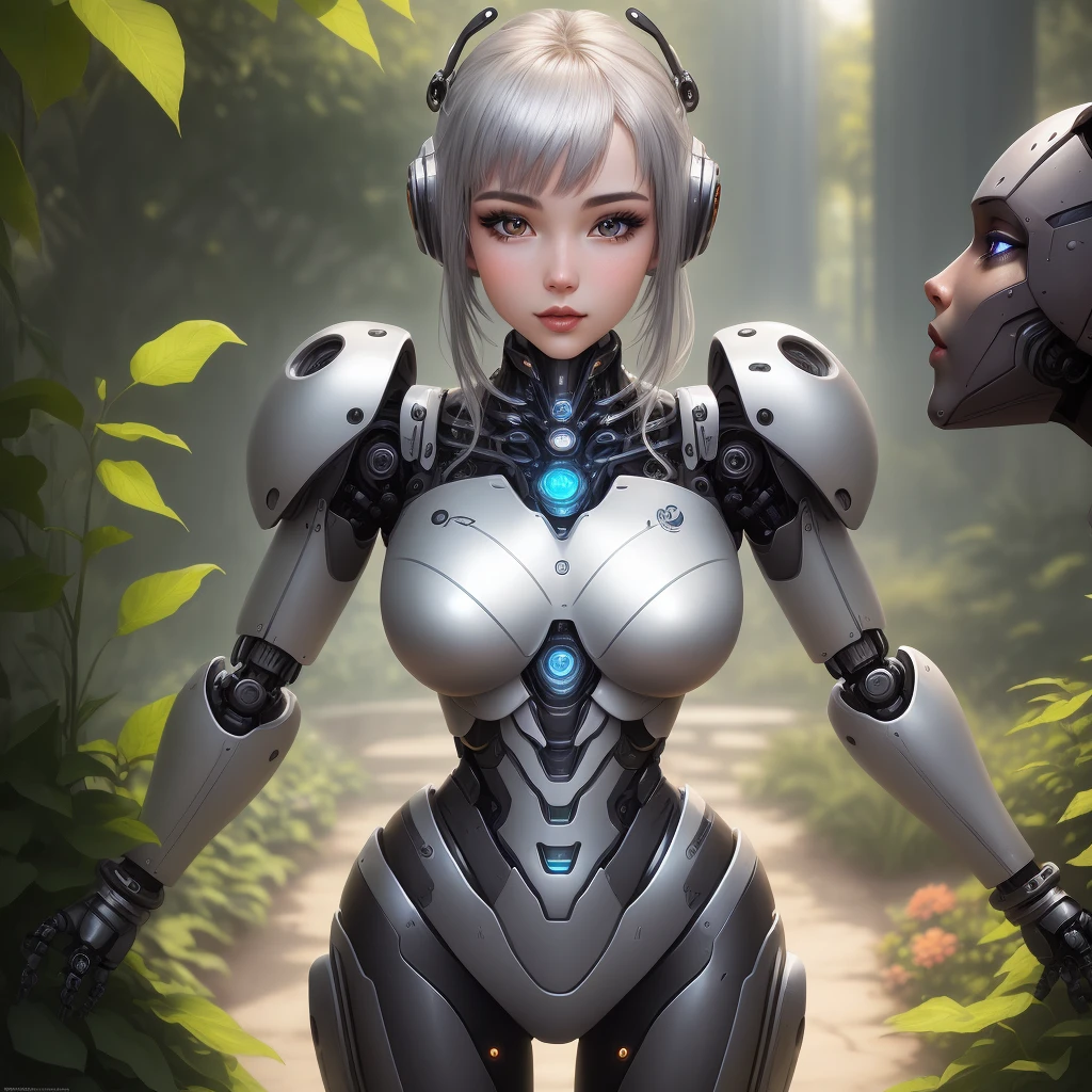 A robot girl with beautiful detailed eyes, beautiful detailed lips, and an extremely detailed face, standing in a futuristic garden. She has long eyelashes and a metallic body with a shiny finish. The garden is filled with colorful flowers and plants, creating a vibrant atmosphere. The robot girl is wearing a sleek, silver outfit that complements her metallic appearance. The sunlight casts a warm and soft glow, illuminating the scene. The image quality is of the best quality, with ultra-detailed rendering and vivid colors. The overall style is a mix of sci-fi and concept art, with a touch of photorealism. The color palette consists of cool tones, with hints of metallic hues to enhance the futuristic vibe. The lighting is subtle and highlights the contours of the robot girl, giving her a sense of depth and realism.