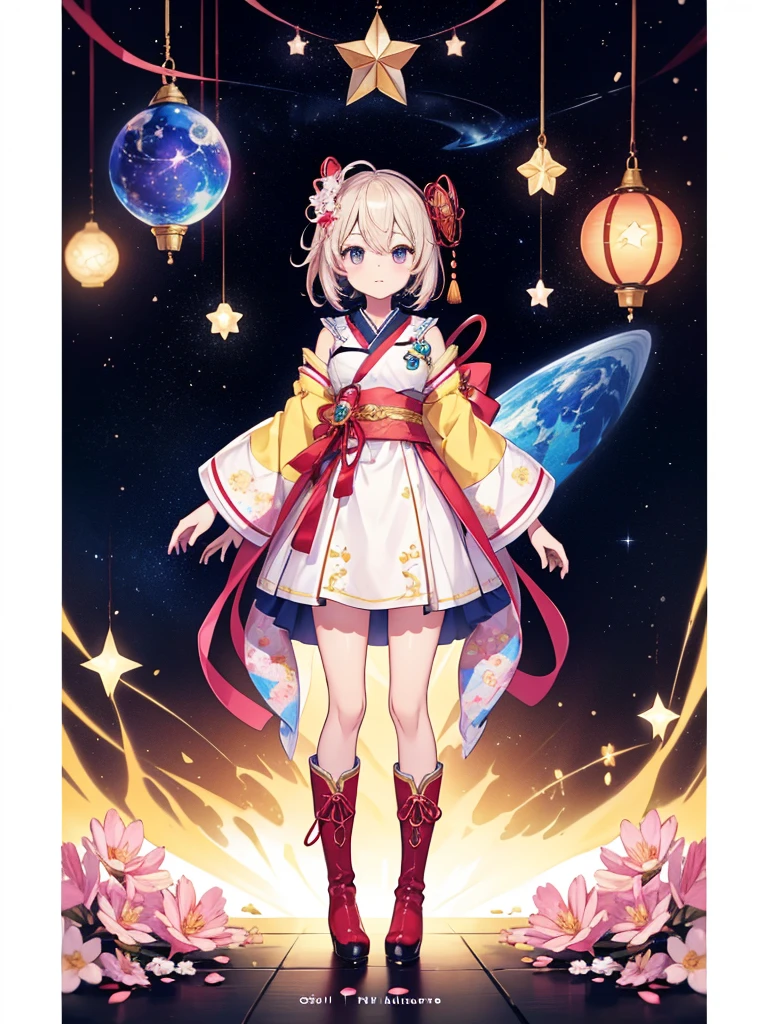 1girl、vtuber-fullbody、Star Fairy、Masterpiece、Official Art、Super detailed、super beautiful、かわいいStar Fairy、white straight short hair、Milky Way、universe、star charm、Star、、Knee-high boots、kimono dresses、浴衣をリメイクしたuniverseを思わせるOiranフリルドレス、Oiran、星とMilky Wayの柄の洋服、