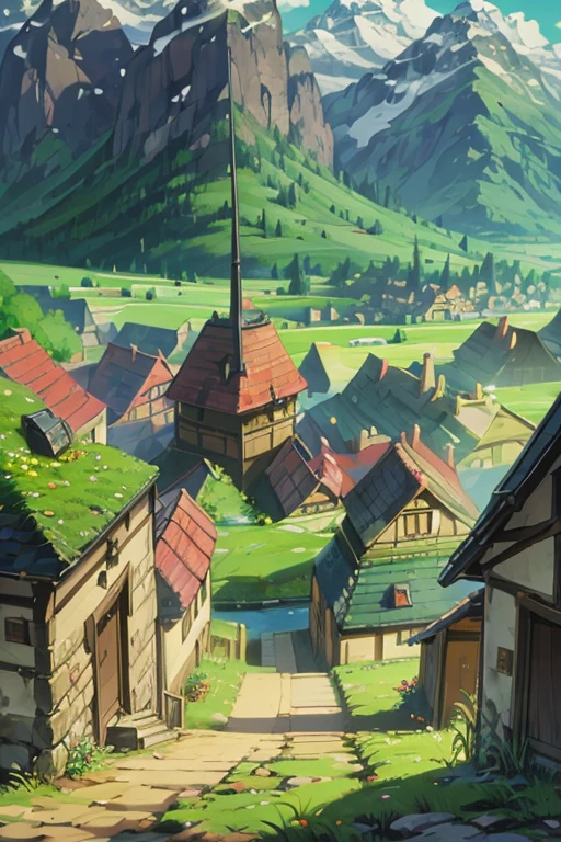 fantasy world, estilo isekai de anime, village in the mountains, estilo pixel art,