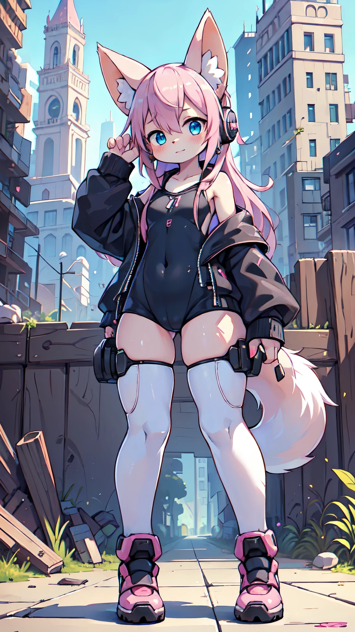 (best quality,4K,8K,mackerel,masterpiece:1.2),very detailed,(realistic,photorealistic,photo-realistic:1.37),cute, pink striped fluffy fox, pink hair, blue eyes, heterochromia, alone, body fur, In a city in ruins, mechanical nano skin, nakedness, cybernetic prosthesis, mechanical legs, machine suit, black leotard, pink over knee socks, Moe long sleeve loose off shoulder blouse, long hooded jacket, kitty headphones, holding an automatic rifle, mechanical shoes
