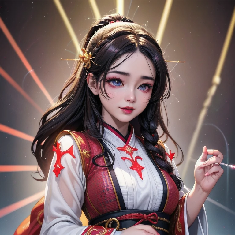 1 linda rainha medusha em vestido hanfu, camisa fina de seda vermelha com muitos motivos amarelos, Top de renda preta, crown on head, cabelos longos tingidos de preto, beautiful hair jewelry, rosto lindo lindo e fofo, rosto perfeito, joias de brinco, orelhas de coelho roxas claras, Joias antigas, Grandes olhos vermelhos, Sharp eye makeup, meticulous makeup eyelashes, sobrancelhas finas, nariz alto, beautiful red lips, sem sorriso, pursed lips, bochechas rosadas, seios largos, seios grandes, seios bem proporcionados, cintura fina, meias de malha vermelha com renda preta, Chinese style Hanfu, fictional art patterns, cores vivas e realistas, Fotos RAW, Fotos realistas, High quality 8k surreal photos, Fotos legais, (virtual lighting effects: 1.8), 10x pixels, Magic effects (Fundo): 1.8), olhos super detalhados, retrato de corpo de  bonita, garota sozinha, ancient hanfu Fundo, looking directly at the audience, foto original larga, Qualidade 8k, super afiado, imagem detalhada e clara melhor, detailed light Fundo,