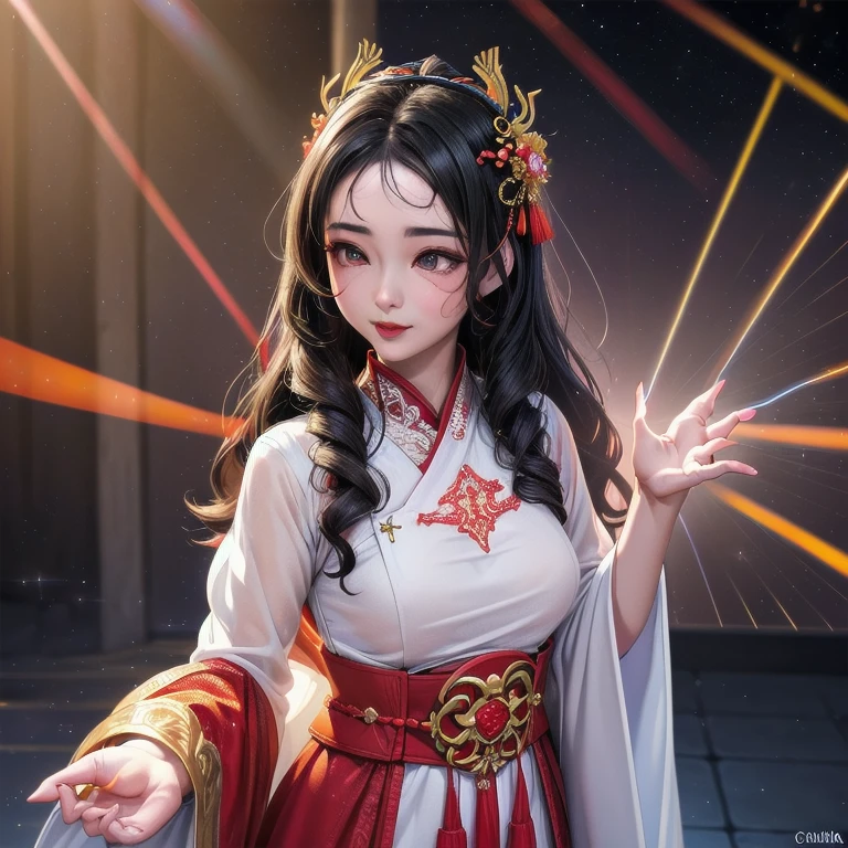 1 linda rainha medusha em vestido hanfu, camisa fina de seda vermelha com muitos motivos amarelos, Top de renda preta, crown on head, cabelos longos tingidos de preto, beautiful hair jewelry, rosto lindo lindo e fofo, rosto perfeito, joias de brinco, orelhas de coelho roxas claras, Joias antigas, Grandes olhos vermelhos, Sharp eye makeup, meticulous makeup eyelashes, sobrancelhas finas, nariz alto, beautiful red lips, sem sorriso, pursed lips, bochechas rosadas, seios largos, seios grandes, seios bem proporcionados, cintura fina, meias de malha vermelha com renda preta, Chinese style Hanfu, fictional art patterns, cores vivas e realistas, Fotos RAW, Fotos realistas, High quality 8k surreal photos, Fotos legais, (virtual lighting effects: 1.8), 10x pixels, Magic effects (Fundo): 1.8), olhos super detalhados, retrato de corpo de  bonita, garota sozinha, ancient hanfu Fundo, looking directly at the audience, foto original larga, Qualidade 8k, super afiado, imagem detalhada e clara melhor, detailed light Fundo,