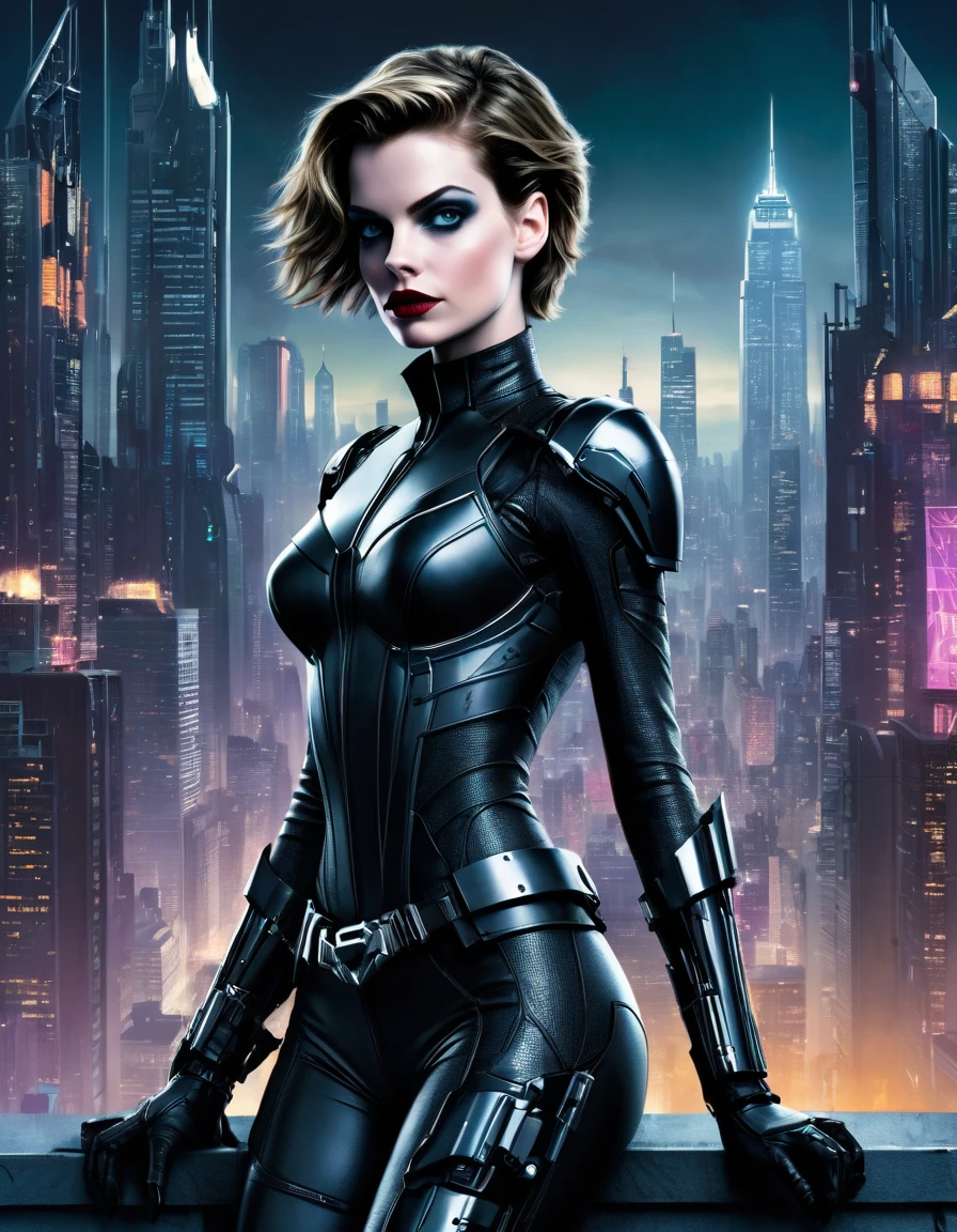 18 yo 1woman, [Anne Hathaway:Michelle Pfeiffer:0.52] as Selina Kyle Donning Cyberpunk Catwoman Mecha Armor costume, exudes beauty with her radiant, smooth skin. Her strong, serious demeanor and confident stance convey an air of convincing allure. insanely detailed and intricate City View from The top of skyscrappers background. This captivating portrait is rendered in 4k high-resolution, ensuring every detail is displayed in the best quality. The illustration showcases Selina's determined expression, captivating the viewer's attention with its intricately detailed features.
