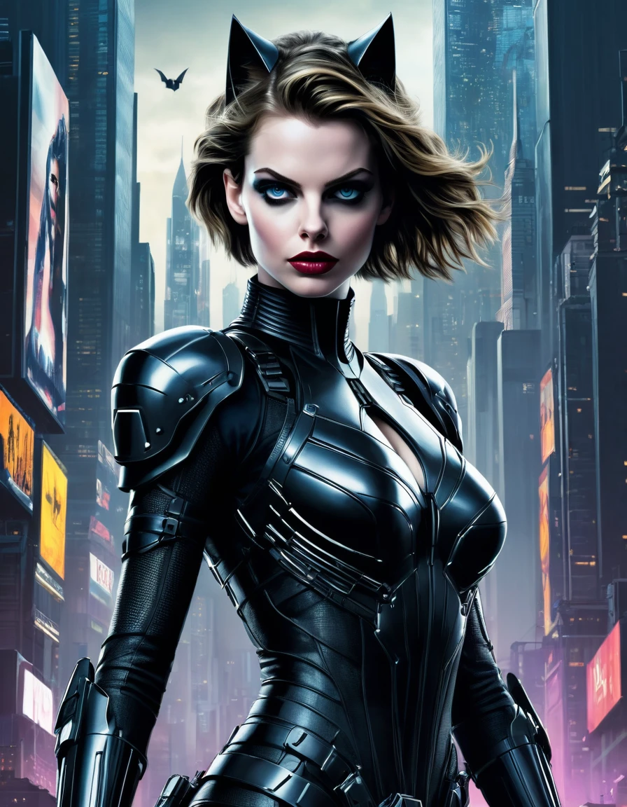 18 yo 1woman, [Anne Hathaway:Michelle Pfeiffer:0.52] as Selina Kyle Donning Cyberpunk Catwoman Mecha Armor costume, exudes beauty with her radiant, smooth skin. Her strong, serious demeanor and confident stance convey an air of convincing allure. insanely detailed and intricate City View from The top of skyscrappers background. This captivating portrait is rendered in 4k high-resolution, ensuring every detail is displayed in the best quality. The illustration showcases Selina's determined expression, captivating the viewer's attention with its intricately detailed features.