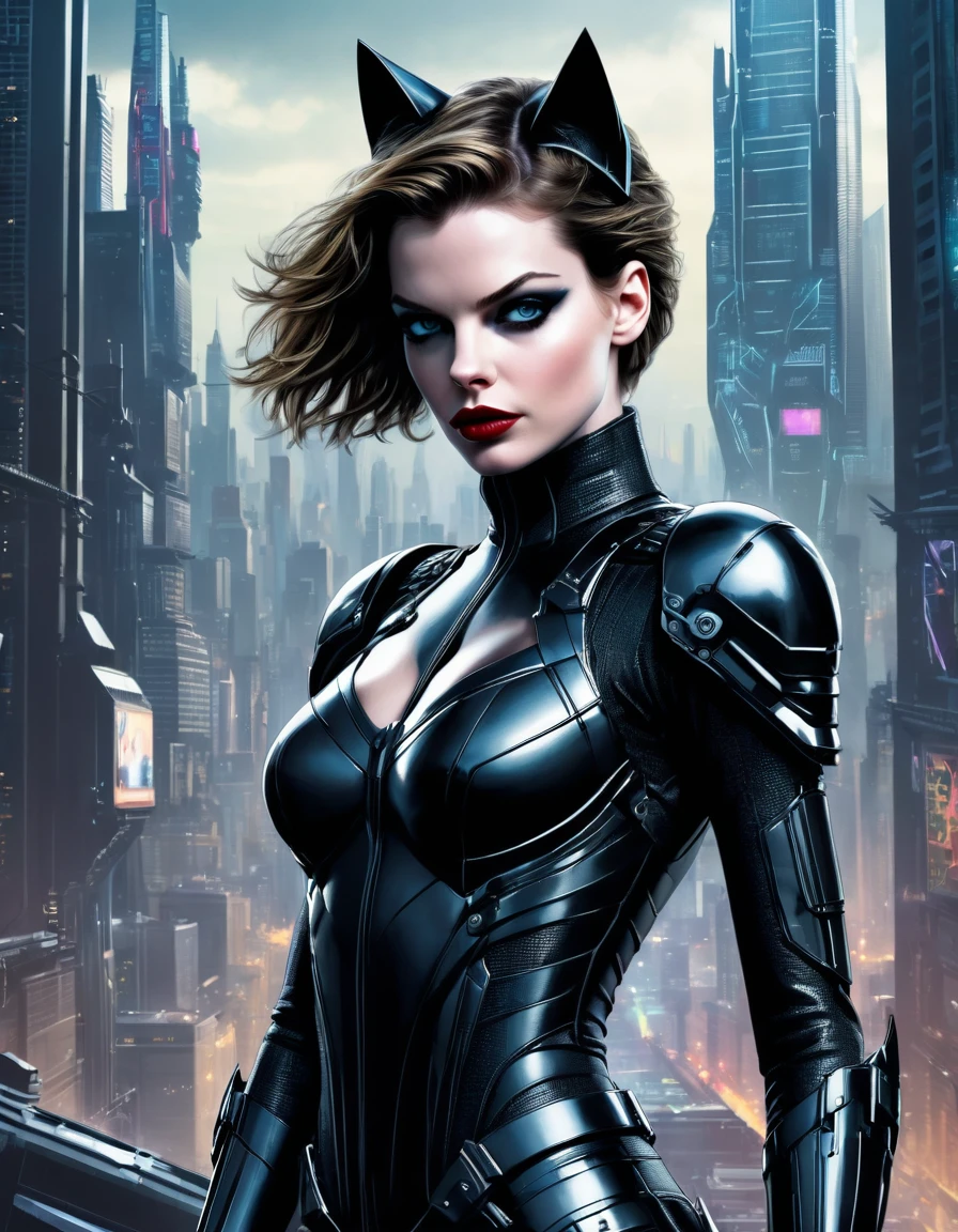18 yo 1woman, [Anne Hathaway:Michelle Pfeiffer:0.52] as Selina Kyle Donning Cyberpunk Catwoman Mecha Armor costume, exudes beauty with her radiant, smooth skin. Her strong, serious demeanor and confident stance convey an air of convincing allure. insanely detailed and intricate City View from The top of skyscrappers background. This captivating portrait is rendered in 4k high-resolution, ensuring every detail is displayed in the best quality. The illustration showcases Selina's determined expression, captivating the viewer's attention with its intricately detailed features.