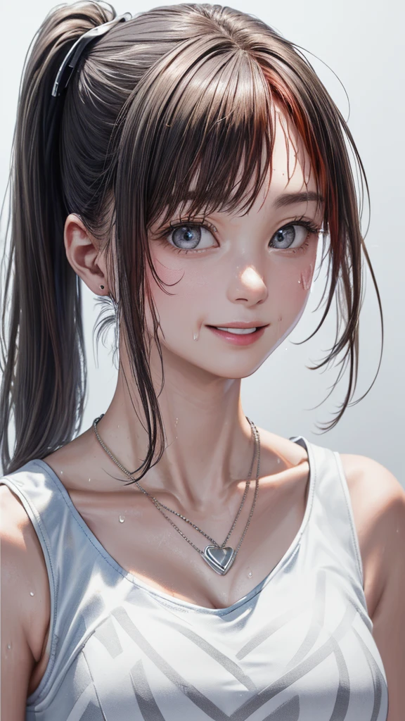 (highest quality、8k、32k、masterpiece)、(Realistic)、(Photorealistic:1.2)、(High resolution)、Very detailed、Very beautiful face and eyes、1 girl、Round and small face、Narrow waist、Delicate body、(close、highest quality、Attention to detail、Rich skin detail)、(highest quality、8k、Oil paint:1.2)、Very detailed、(Realistic、Realistic:1.37)、Bright colors、(((Redhead)))、(((Bust Shot)))、(((It is a side ponytail)))、(((Pure white wall background)))、(((Pure white wall background)))、(((I am wearing a tank top with a white and gray striped pattern.)))、(((White and grey tank topです)))、(((White and grey tank top)))、(((I'smile)))、(((Iの唇に触れる)))、(((Look straight ahead)))、(((Wearing a heart-shaped necklace)))、(((Sweaty skin)))、(((Innerwear is visible from the collarbone)))