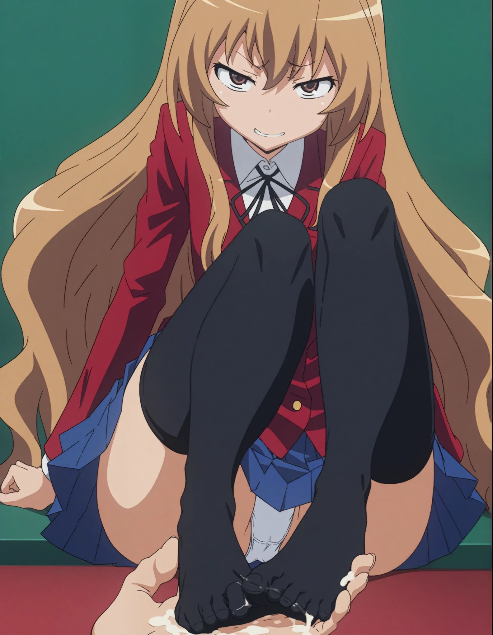 (masterpiece), best quality, expressive eyes, perfect face, toradora!, aisaka_taiga, highres, 1girl, black_ribbon, blazer, blue_skirt, brown_eyes, brown_hair, collared_shirt, long_hair, long_sleeves, looking_at_viewer, neck_ribbon, seductive grin, oohashi_high_school_uniform, pleated_skirt, red_jacket, ribbon, school_uniform, shirt, skirt, solo, white_background, flat_chested, black_thighhighs, feet, foot_focus, no_shoes, spread_toes, thighhighs, toes, white_panties, sole, footjob, cum_on_feet