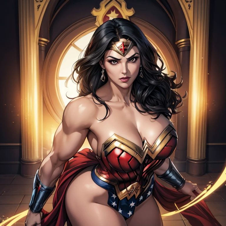 Hermosa mujer de cabello negro ondulado cuerpo muscular senos grandes cuerpo traje de Wonder woman de brazos cruzados piernas tonificadas de pie cara detallada cara seria vista desde arriba