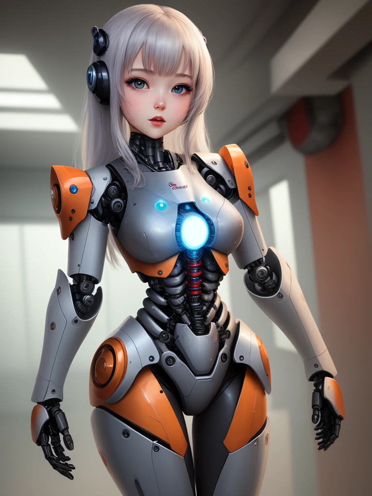 Very cute human 8 year old girl face, doll-like body with robot arm, robot waist and legs, very cute and feminine, short, , small, full hip, medium bust, tight-fitting white armor, cleavage, flat belly visible, helmet with antenna, robot joint, very stylish, Black rubber bodysuit with zipper
