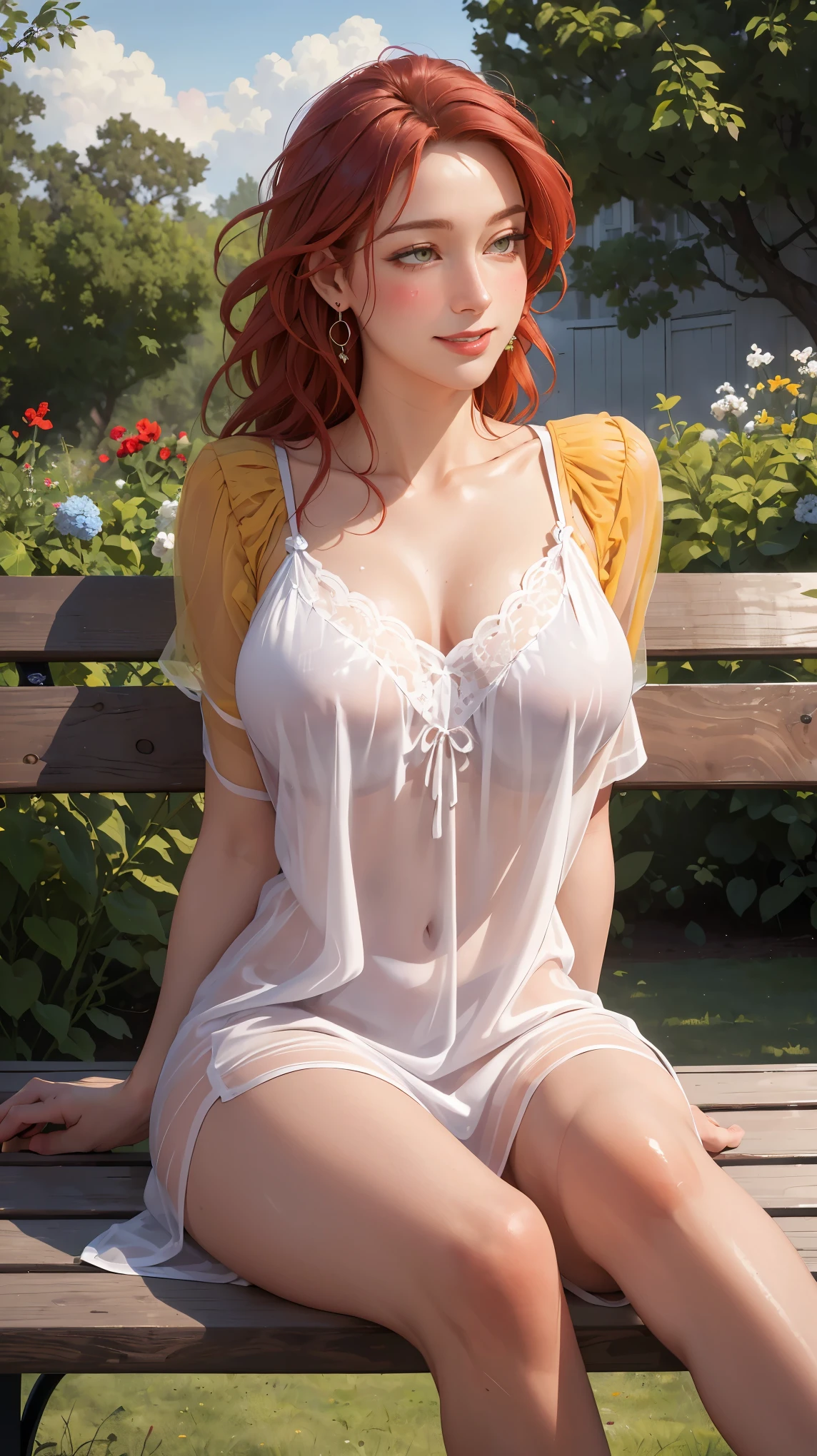 ((((masterpiece, best quality, high resolution)))), Extremely detailed 8K, Beautiful girl with voluptuous body, (Ultra HD, Ultra-detailed, Highly detailed, Highly realistic, Ultra-realistic, photograph realistic), (1girl:1.5), (Realistic red hair), (long wavy hair, hair ornaments, earrings), (dynamic poses), facing at camera, looking at viewer, (blushing red, embarrassed, smile), (hazel eyes, sharp eyes), (big perky breasts:1.2), (beautiful detailed face, beautiful detailed eyes), ((transparent loose mini nightdress, body silhouette)), (detail pussy), (sitting on bench), sweat, glow, (sunbeam, sunlight), ((cowboy shot)), garden, seductive
