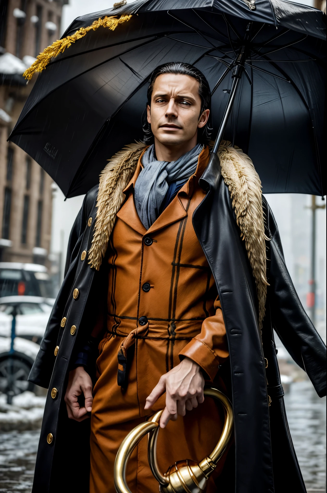 masterpiece, best quality, extremely detailed, hyperrealistic, photorealistic, a cool 40s man, ultra detailed face:1.2, fur-trimmed coat, scarf around the neck, his left hand is a golden pirate hook:1.1, from below, distant view shot, city, rainy, holding an open umbrella with right hand, dynamic pose, serene, relaxed