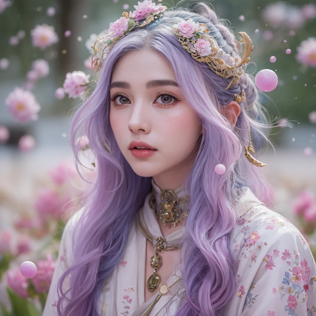 Snow hoop exclusion area 32K（tmasterpiece，k hd，hyper HD，32K）Long flowing purple-pink hair，Autumn Pond，zydink， a color， Tongzhou people （Girl with glowing eyes）， （Thin silk scarf）， Side squat position， looking at the ground， long whitr hair， Floating hair， Python headdress， Chinese long-sleeved clothing， （abstract ink splash：1.2）， white backgrounid，Lotus protector（realisticlying：1.4），Purple-pink hair，Snowflakes fluttering，The background is pure， A high resolution， the detail， RAW photogr， Sharp Re， Nikon D850 Film Stock Photo by Jefferies Lee 4 Kodak Portra 400 Camera F1.6 shots, Rich colors, ultra-realistic vivid textures, Dramatic lighting, Unreal Engine Art Station Trend, cinestir 800，Long flowing purple-pink hair，((masterpiece)). This artwork is sweet, dreamy and ethereal, with soft pink watercolor hues and candy accents. Generate a delicate and demure fae exploring a (bubblegum world with a wide variety of pastel shades). Her sweet face is extremely detailed and realistic with elegant features and a fierce expression, and looks like ((((naomi scott)))). Include mature features and stunning, highly realistic eyes. Her eyes are important and should be realistic, highly detailed, and beautiful. In high definition and detail, include lots of details like stars, galaxies, colorful bubbles, colorful petals, and lots of energy and emotion! The stars and colorful bubblegum bubbles are important! Include fantasy details, enhanced details, iridescence, colorful glittering wind, and pollen. Pay special attention to her face and make sure it is beautifully and realistically detailed. The image should be dreamy and ethereal.8k, intricate, elegant, highly detailed, majestic, digital photography