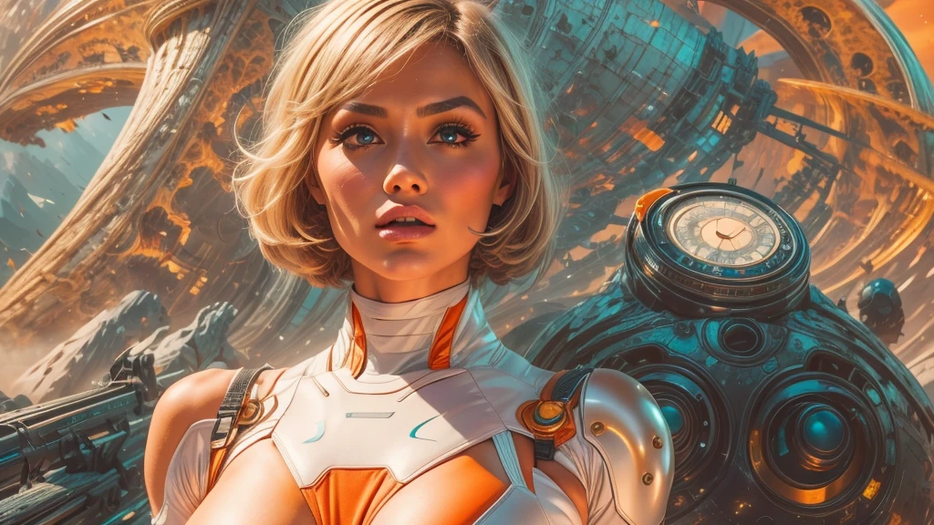 arafed image of a white woman in a futuristic suit with a spaceship in the background, movie art, in front of an orange background, inspired by Robert McGinnis, female protagonist, megastructure in the background, portrait of an ai astronaut, astronauts, an astronaut, portrait of a astronaut skeletor, perfect android girl, detailed eyes, perfectly detailed teeth, frank franzzeta and sakimichan  
