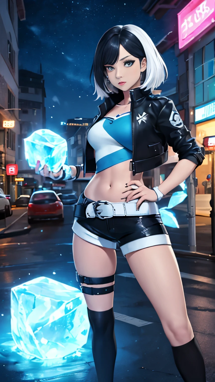 (Highly quality, masterpiece, detailed), night snowing city detailed scenario, night snowing city detailed background, 20 years old girl, solo, luna_snow, black hair, white hair, multi-colored hair, short hair, blue eyes, white eyes, multicolored eyes, black Leather crop top jacket, white leather shorts, white midriff, blue midriff, multicolored midriff, black footwear, white socks, blue socks, show her ices powers navel, perfect face, beautiful eyes, looking at the viewer, Sexy pose