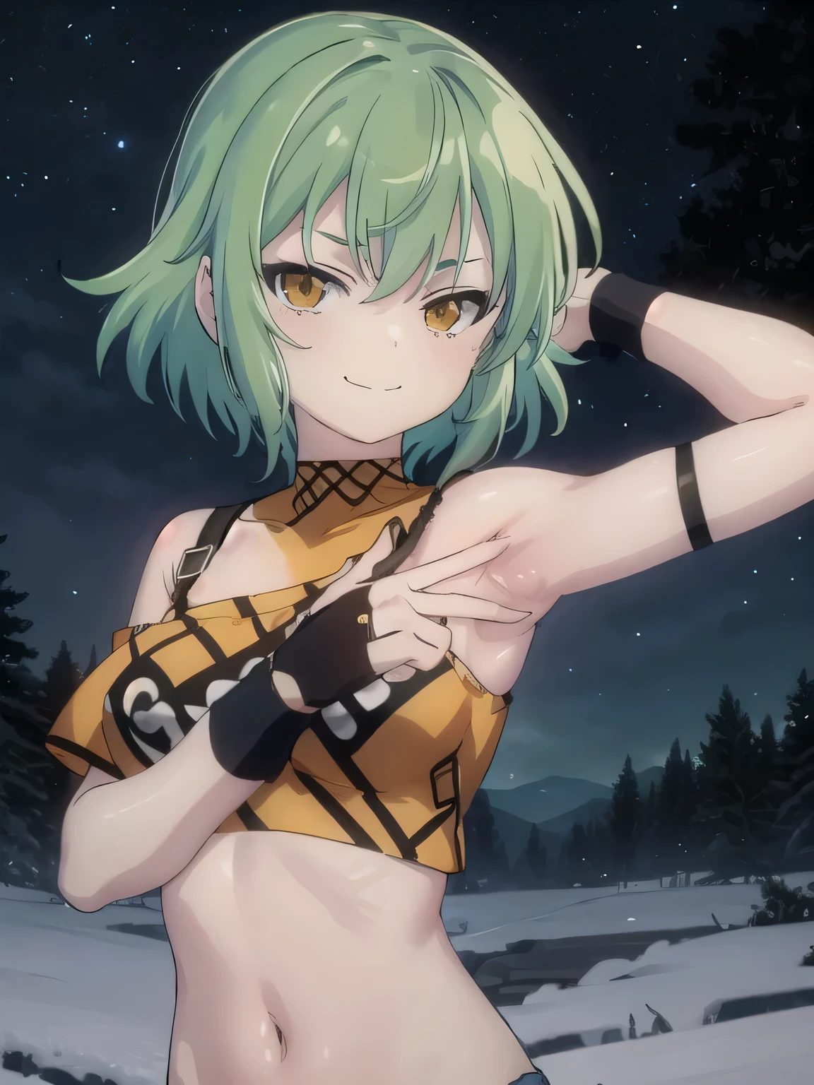  solo, 1girl, hikage, crop top, tattoo, off shoulder, looking at viewer, best quality, v-eyebrows, solo, night sky, forest, arms behind head, short hair, contrapposto, spread armpits, closed mouth, expressionless, upper body, smile,