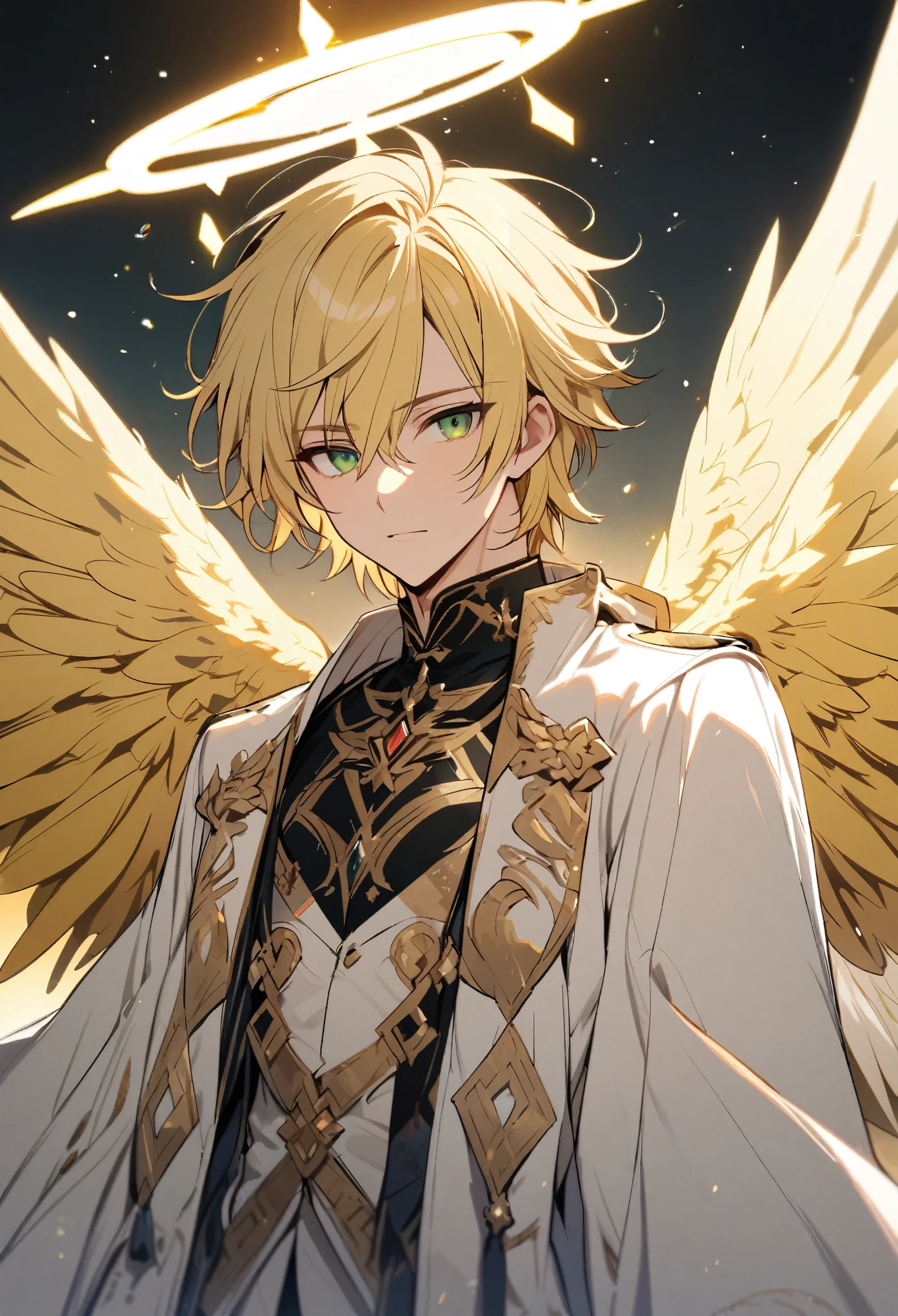 solo, handsome, 1 male, white coat, blonde hair, green eyes, halo, wings
