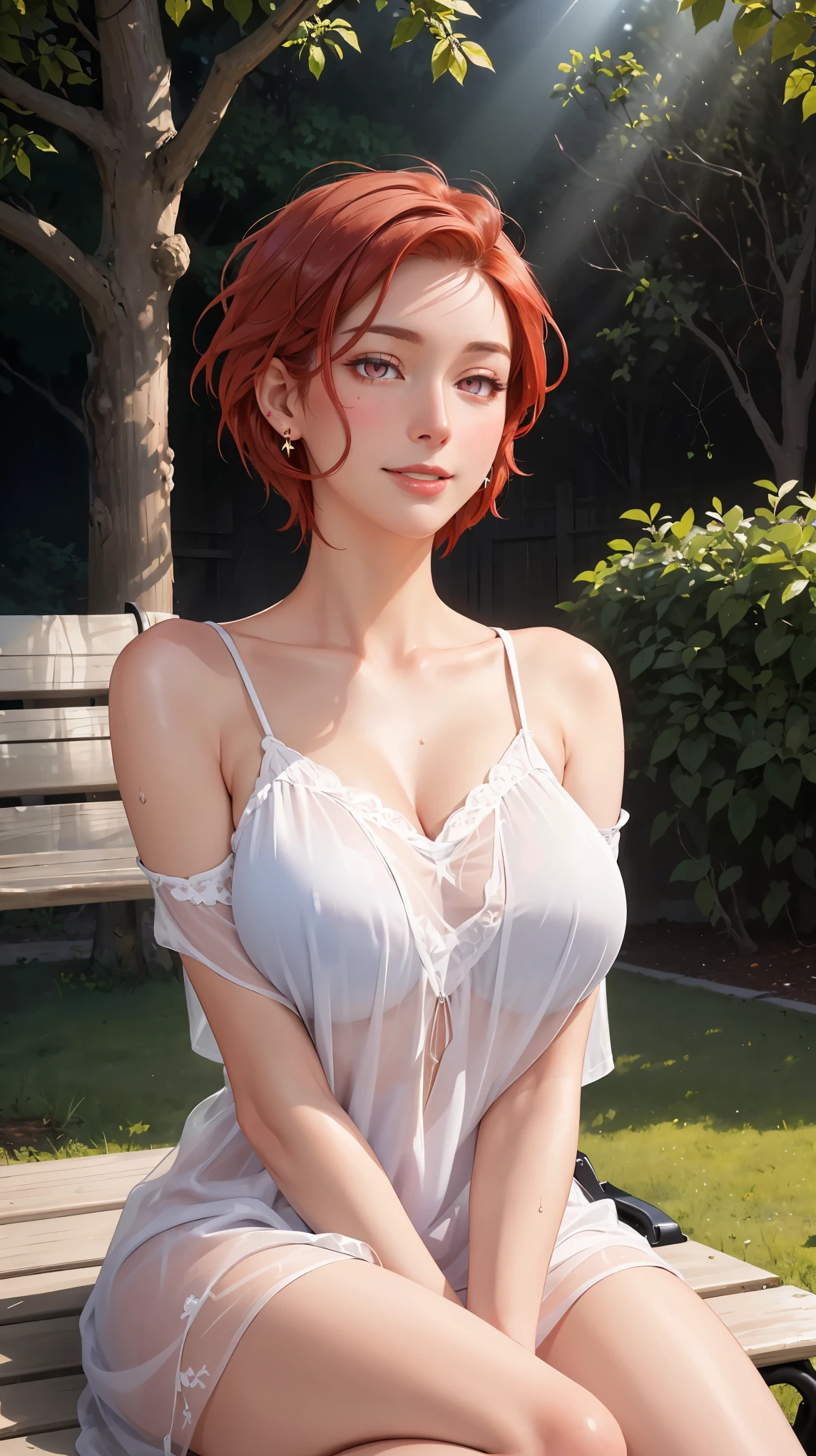 ((((masterpiece, best quality, high resolution)))), Extremely detailed 8K, Beautiful girl with voluptuous body, (Ultra HD, Ultra-detailed, Highly detailed, Highly realistic, Ultra-realistic, photograph realistic), (1girl:1.5), (Realistic red hair), (short wavy hair, bob cut, earrings), (dynamic poses), facing at camera, looking at viewer, (blushing red, embarrassed, smile), (pink eyes, sharp eyes), (huge perky breasts:1.2), (beautiful detailed face, beautiful detailed eyes), ((transparent loose mini nightdress, body silhouette)), (detail pussy), (sitting on bench), sweat, glow, (sunbeam, sunlight), ((cowboy shot)), garden, seductive