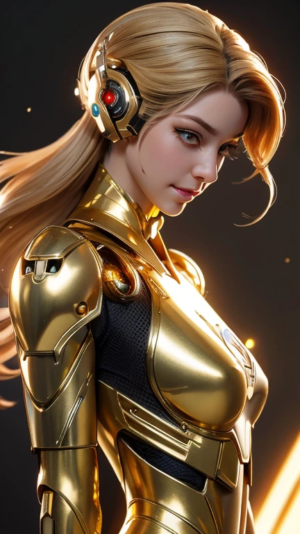 medium closeup shot of beautiful cyborg girl in shiny gold armor suit, beautiful cyborg girl pinup, cute cyborg girl, hyperrealistic fantasy art, beautiful white girl cyborg, broken beautiful female android, sci-fi fantasy art, detailed sci-fi art, Atmosphere sci-fi movies background