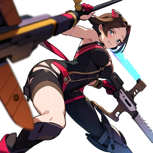 colorful , masterpiece, best quality, 1girl, weapon, solo, fantasy weapon, ((blurry background)), orange, green, violet, brown, white, (((white background))), dutch angle, combat,

