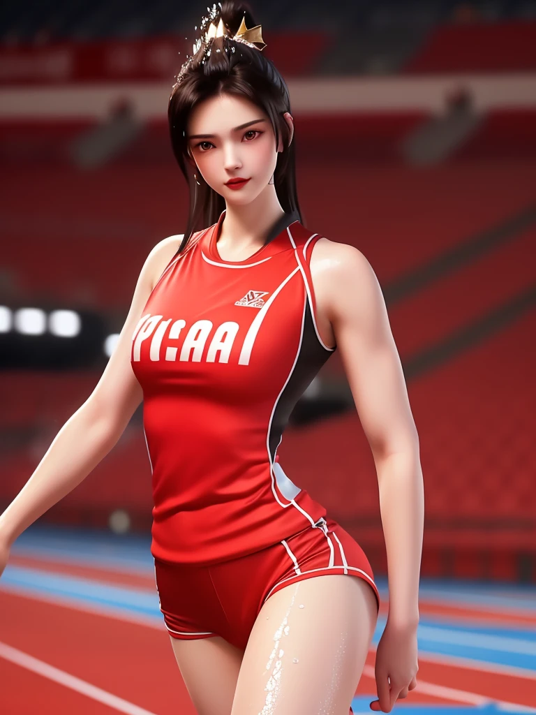 SYWZwangyuanyuan,1girl, armor,cityscape, morning, looking at viewer, mature female, red eyes,high ponytail, hair ornament, red shirt,cowboy shot, pauldrons,((masterpiece, Top image quality, hight resolution、solo、small 、Sleeveless uniforms on land、track and field athlete、high-ponytail Hairstyle、Tecateca skin、glowy skin))、Sweaty face、Latina, puberty, full of sweat、red lipsticks、Walk along the tracks of the athletics stadium、solo、On both hands and hips、Navel is visible、((Thigh Raising Training))、((Running on the track))、(((Macho Body)))、((Uniform wet with sweat))、(((see the whole body)))