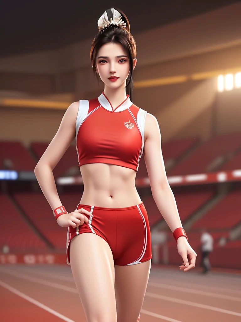 SYWZwangyuanyuan,1girl, armor,cityscape, morning, looking at viewer, mature female, red eyes,high ponytail, hair ornament, red shirt,cowboy shot, pauldrons,((masterpiece, Top image quality, hight resolution、solo、small 、Sleeveless uniforms on land、track and field athlete、high-ponytail Hairstyle、Tecateca skin、glowy skin))、Sweaty face、Latina, puberty, full of sweat、red lipsticks、Walk along the tracks of the athletics stadium、solo、On both hands and hips、Navel is visible、((Thigh Raising Training))、((Running on the track))、(((Macho Body)))、((Uniform wet with sweat))、(((see the whole body)))