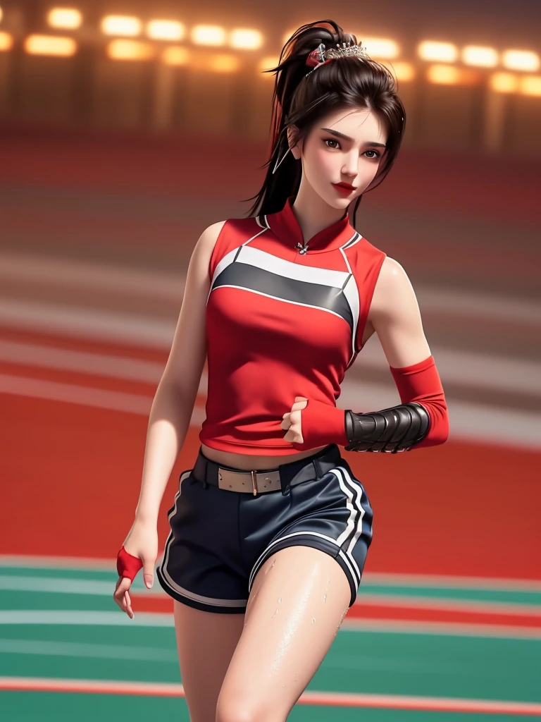 SYWZwangyuanyuan,1girl, armor,cityscape, morning, looking at viewer, mature female, red eyes,high ponytail, hair ornament, red shirt,cowboy shot, pauldrons,((masterpiece, Top image quality, hight resolution、solo、small 、Sleeveless uniforms on land、track and field athlete、high-ponytail Hairstyle、Tecateca skin、glowy skin))、Sweaty face、Latina, puberty, full of sweat、red lipsticks、Walk along the tracks of the athletics stadium、solo、On both hands and hips、Navel is visible、((Thigh Raising Training))、((Running on the track))、(((Macho Body)))、((Uniform wet with sweat))、(((see the whole body)))