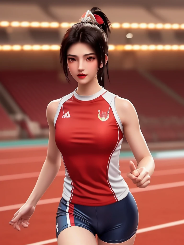 SYWZwangyuanyuan,1girl, armor,cityscape, morning, looking at viewer, mature female, red eyes,high ponytail, hair ornament, red shirt,cowboy shot, pauldrons,((masterpiece, Top image quality, hight resolution、solo、small 、Sleeveless uniforms on land、track and field athlete、high-ponytail Hairstyle、Tecateca skin、glowy skin))、Sweaty face、Latina, puberty, full of sweat、red lipsticks、Walk along the tracks of the athletics stadium、solo、On both hands and hips、Navel is visible、((Thigh Raising Training))、((Running on the track))、(((Macho Body)))、((Uniform wet with sweat))、(((see the whole body)))