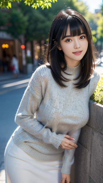 full body,(elegant knit long sweater),((1girl,cute,young,semi long beautiful black hair,blunt bangs,beautiful eyes,medium boobs)),beautiful shopping mall,flowers,trees,blue sky,(solo), ((realistic:1.5,Beautiful girl RAW photo)),(looking at the viewer), innocent smile,cinematic lighting and pause,