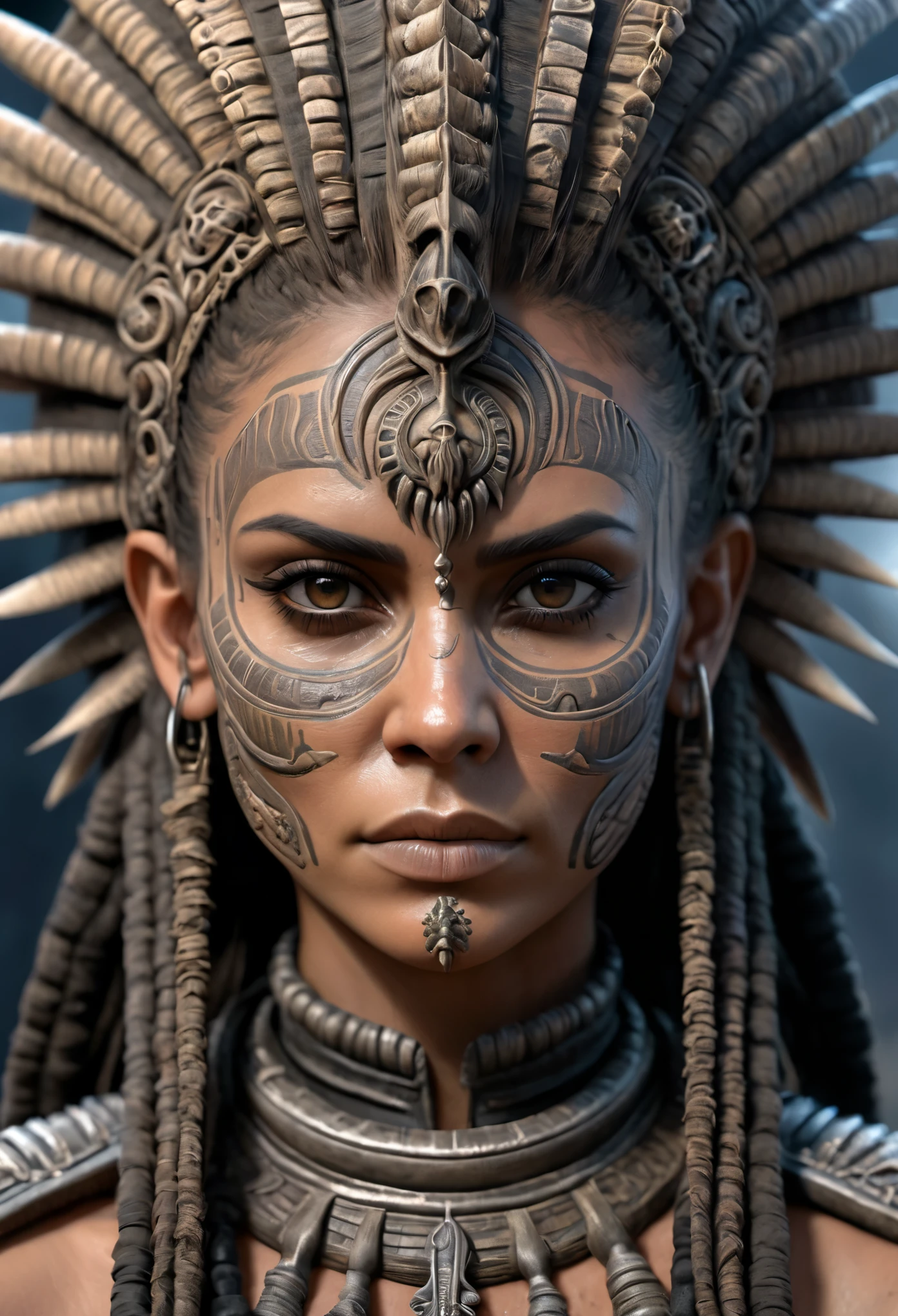 female aztec warrior, mad max style, (Artstation:1.1), (intricate:1.1), solo, female, looking at viewer, photorealistic, 8k, unreal engine, inspired by HR Giger, half body portrait, highly detailed,