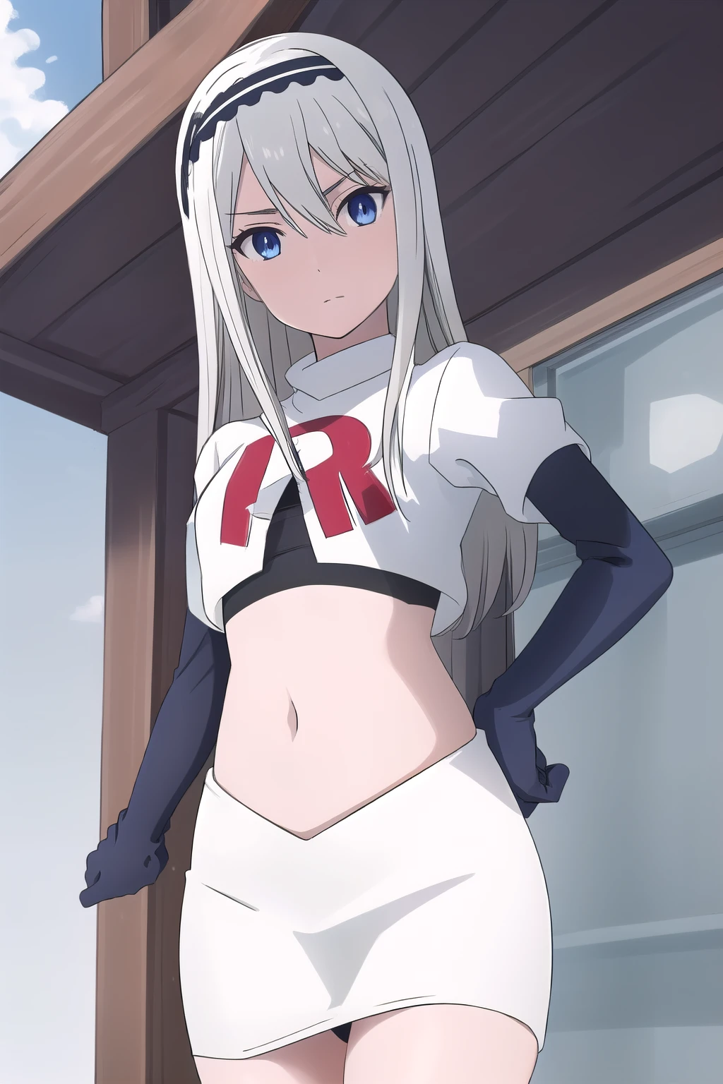 photorealistic, (4k), depth of field, (Masterpiece), (realistic skin texture), extremely detailed, intricate, hyper detailed, professional photography, high resolution, sharp detail, best quality, woman, tanned skin, long hair, blonde hair, yellow eyes, , solo, team rocket,team rocket uniform, red letter R, white skirt,white crop top,black thigh-highs,black elbow gloves