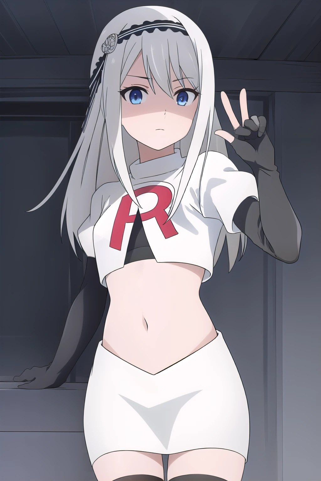 ((best quality)),((highly detailed)),masterpiece,absurdres,detailed face,beautiful face,(detailed eyes, deep eyes),(1girl),((dynamic pose)),Kei, 1girl, blue eyes, long hair, hair between eyes, grey hair, bangs, black hairband,  team rocket,team rocket uniform,white skirt,red letter R,crop top,black thigh-highs,black elbow gloves