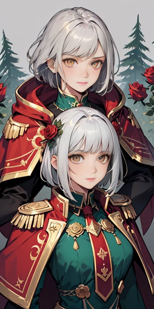 1girl, (grey background:1.2) upper body, white silver hair, short hair, clean forehead, short bob hair style, yellow eyes, detailed eyes, large breasts, green shirt, brown necktie, puffy sleeves, long sleeves, frills, epaulettes, red cape, (roses:1.2), (forest background:1.2), art nouveau, happy, looking down