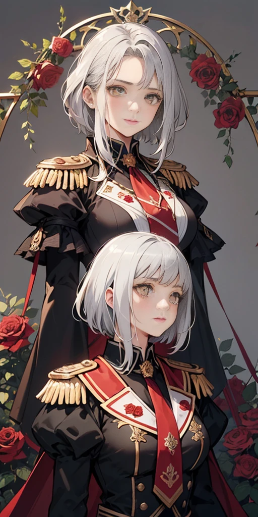 1girl, (grey background:1.2) upper body, white silver hair, short hair, clean forehead, short bob hair style, yellow eyes, detailed eyes, large breasts, green shirt, brown necktie, puffy sleeves, long sleeves, frills, epaulettes, red cape, (roses:1.2), (forest background:1.2), art nouveau, happy, looking down