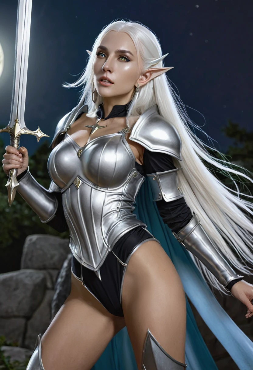 elf ,white eyebrows, eyelashes, curved mouth expression, smooth skin, long luscious platinum white hair, short ears, earrings, full detailed body, detailed seductive paladin armor, fantasy two handed claymore, fantasy dnd at night full moon light