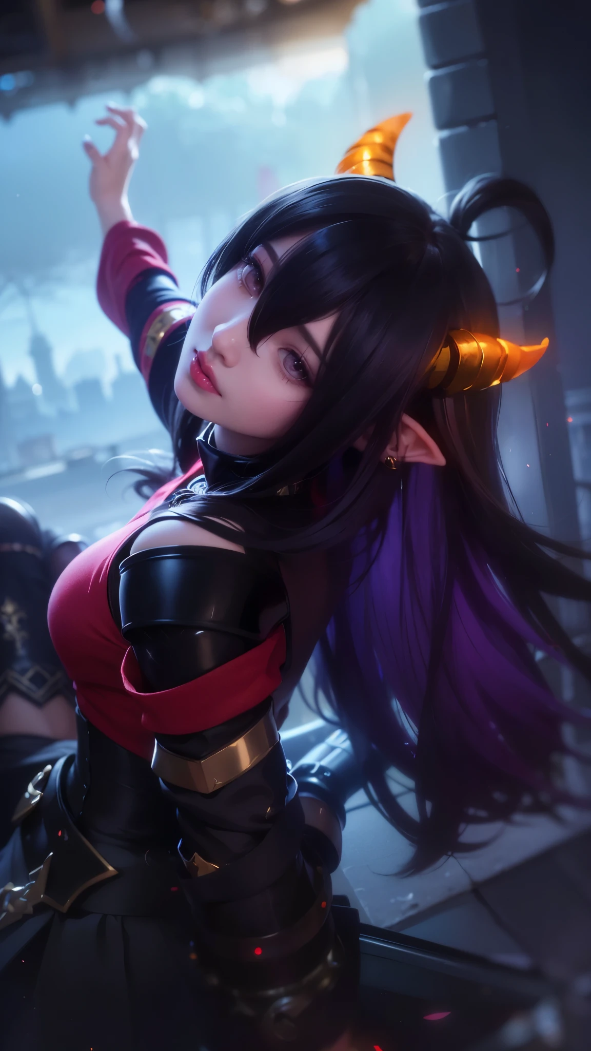 (8k, RAW photo, photorealistic:1.25) ,( lipgloss, eyelashes, gloss-face, glossy skin, best quality, ultra highres, depth of field, chromatic aberration, caustics, Broad lighting, natural shading,Kpop idol) looking at viewer with a serene and goddess-like happiness, elf ears, red eyes