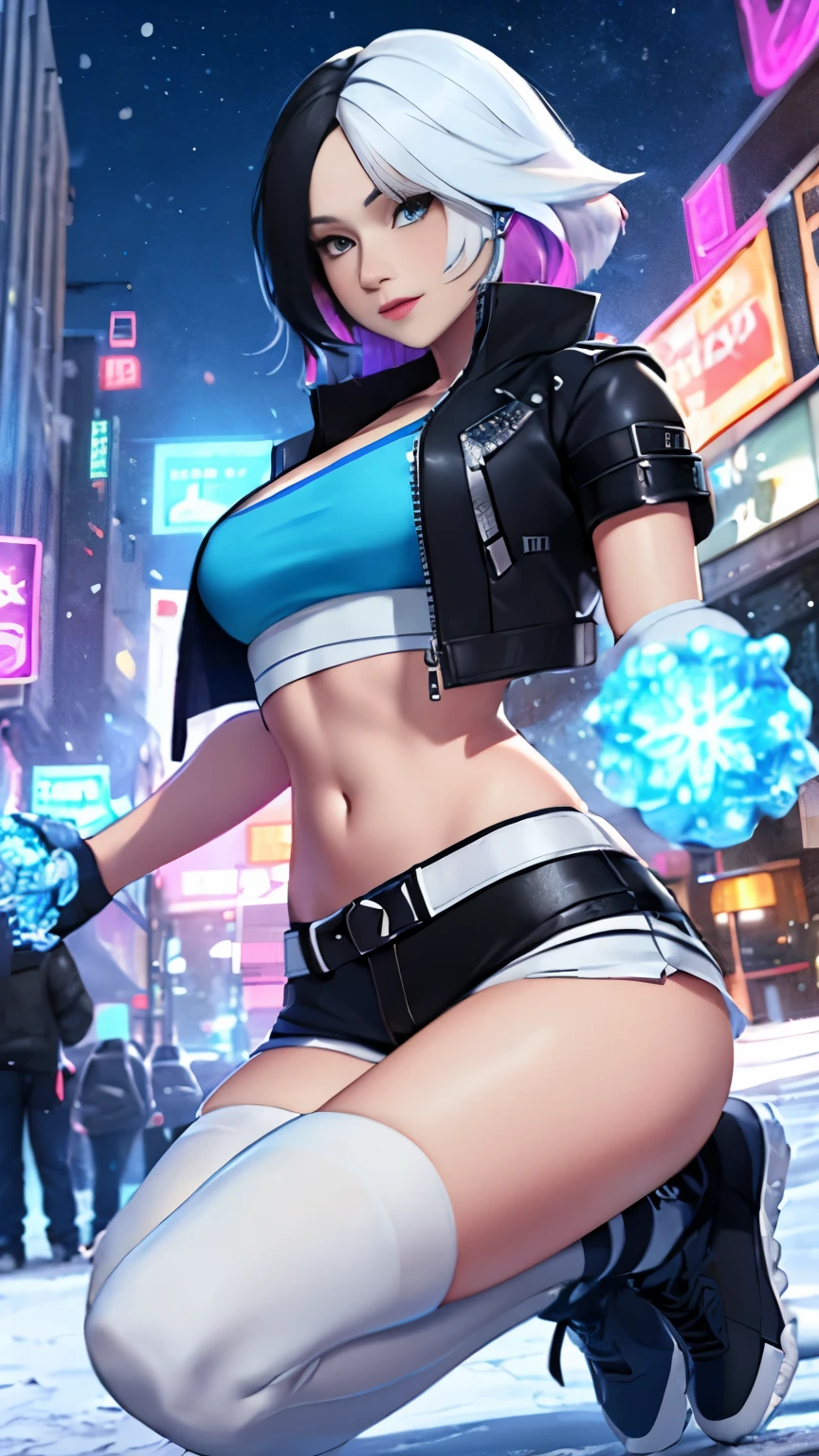 (Highly quality, masterpiece, detailed), night snowing city detailed scenario, night snowing city detailed background, 20 years old girl, solo, luna_snow, happy faces, black hair, white hair, multi-colored hair, short hair, blue eyes, white eyes, multicolored eyes, black Leather crop top jacket, white leather shorts, white midriff, blue midriff, multicolored midriff, black footwear, white socks, blue socks, show her ices powers navel, perfect face, beautiful eyes, looking at the viewer, Sexy pose
