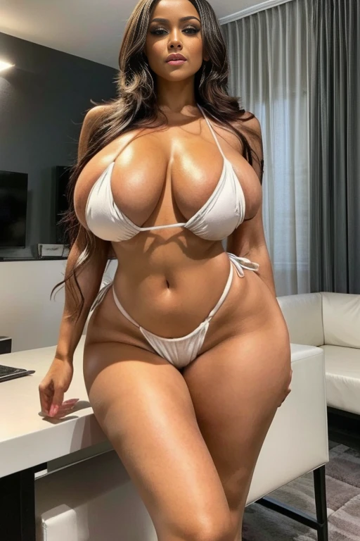 a stunningly gorgeous black:1.5 woman,((breathtaking (beauty):1.5)),perfect face,with ((long black hair)),shiny skin,titillating curves,(((hourglass body shape))),(wide hips),irresistible ((thick thighs:1.4)), juicy body,(((extraordinarily large breasts))),huge breasts,(((gigantic sagging breasts))),fakebreasts, sh33rl1ng3r13, seethru dress,wearing an arousing ((little white micro:1.5 string bikini)) that is way too small to cover sensitive Erogenous areas, and wearing a revealing bikini that is swallowed up by her tight body, provocative sitting pose, slutty dynamic cross-legged pose that shows her entire smooth silky legs up to her lusty thighs, all the way to her inviting coochie, with her hand on her hip highlighting her enchanting sexuality, mesmerizing eyes,luscious Sephora lip-gloss makes her plump lips enticing, her dark Huda Beauty mascara makes her carnal stare fill one with desire, her foxy expression and flirtatious smirk would make anyone fall in love with her, the soft bedroom lamp behind her in the background of her Highrise studio at night time in the dark room emphasizing her sensuality and beauty as a high-priced courtesan, Masterpiece:1.5, 8k, highres,best quality,highres,ultra-detailed,soft lighting,((More Detail, enhance_all, fix_everything)), Enhance