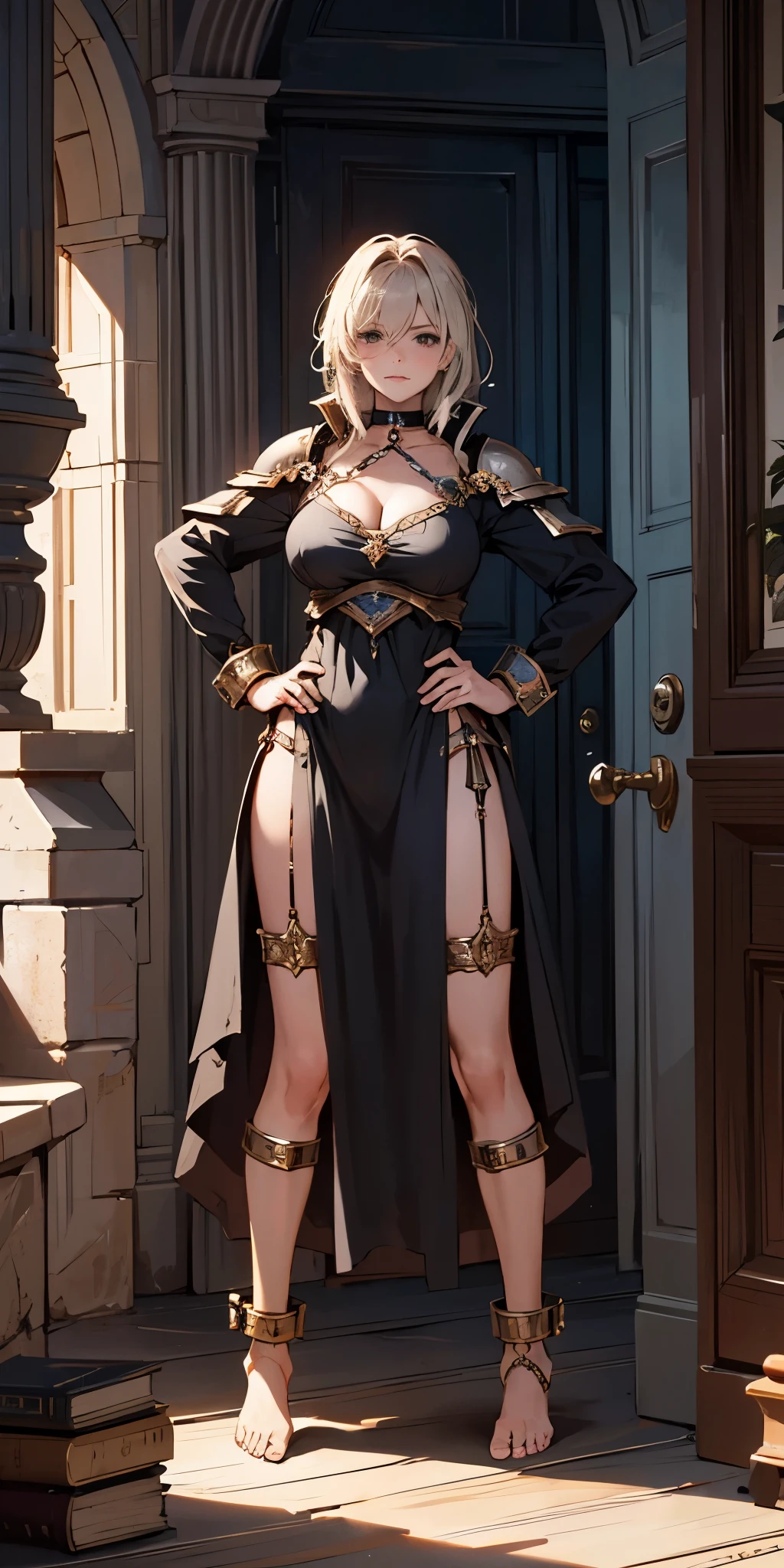 full body, barefoot, solo, female, big breast ,linen tunic, fantasy village, armor, Handcuffs on their hands, With a collar around the neck, hands on hips, slave, ((black choker, shackles on legs and arms))