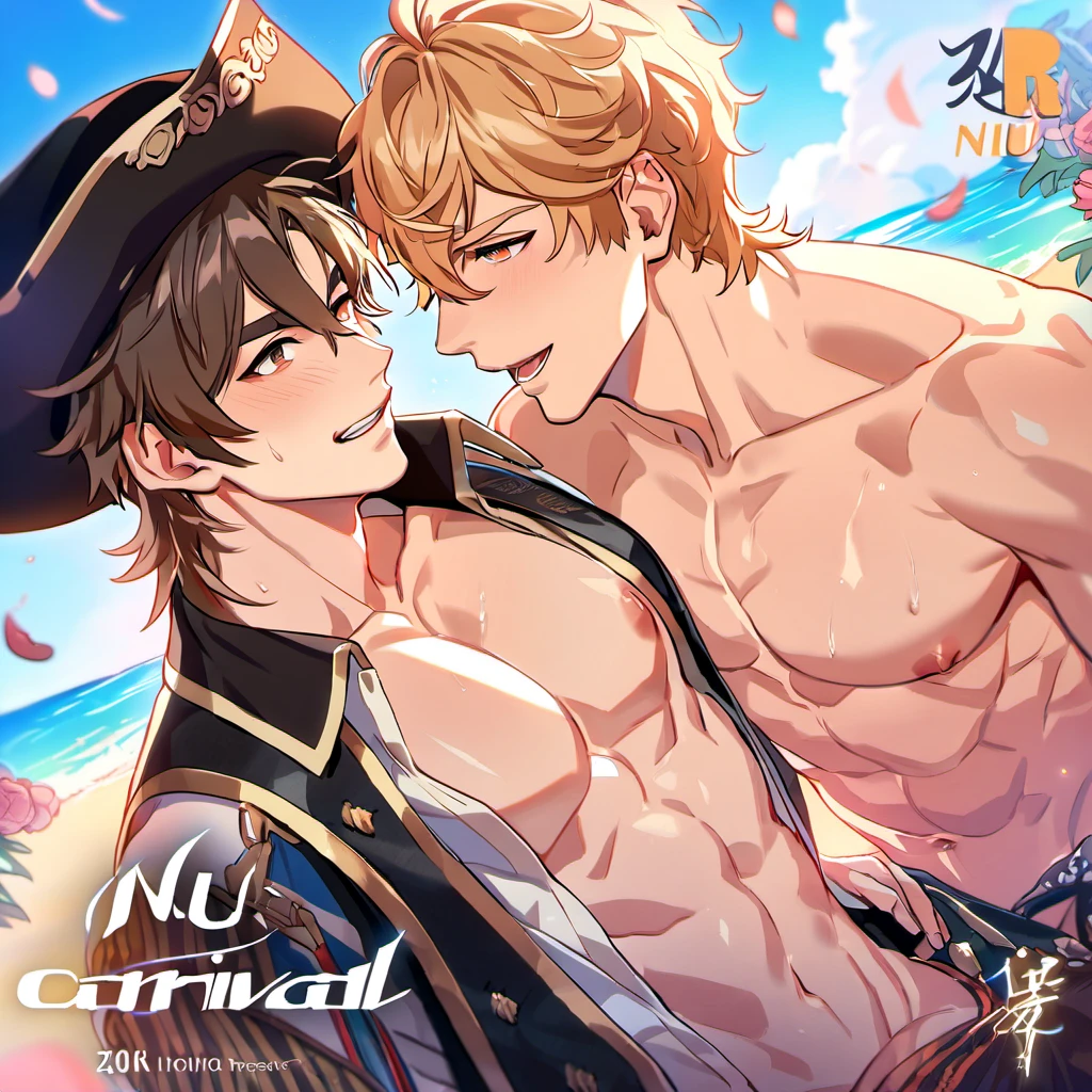 absurdres, highres, ultra detailed, HDR, master piece, best quality, Quincy, blond messy hair, expressive orange eyes, Nu Carnival, Eiden, expressive brown eyes, 2men together, sexy gay couple, handsome, horny, lewd, black hat, fantasy black pirate clothes, accessories, showing the chest, beach, sea, palms, petals, flowers