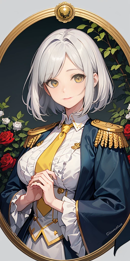 1girl, (grey background:1.2) upper body, white silver hair, short hair, clean forehead, short bob hair style, yellow eyes, detailed eyes, large breasts, green shirt, brown necktie, puffy sleeves, long sleeves, frills, epaulettes, red cape, (roses:1.2), (forest background:1.2), art nouveau, happy, looking down