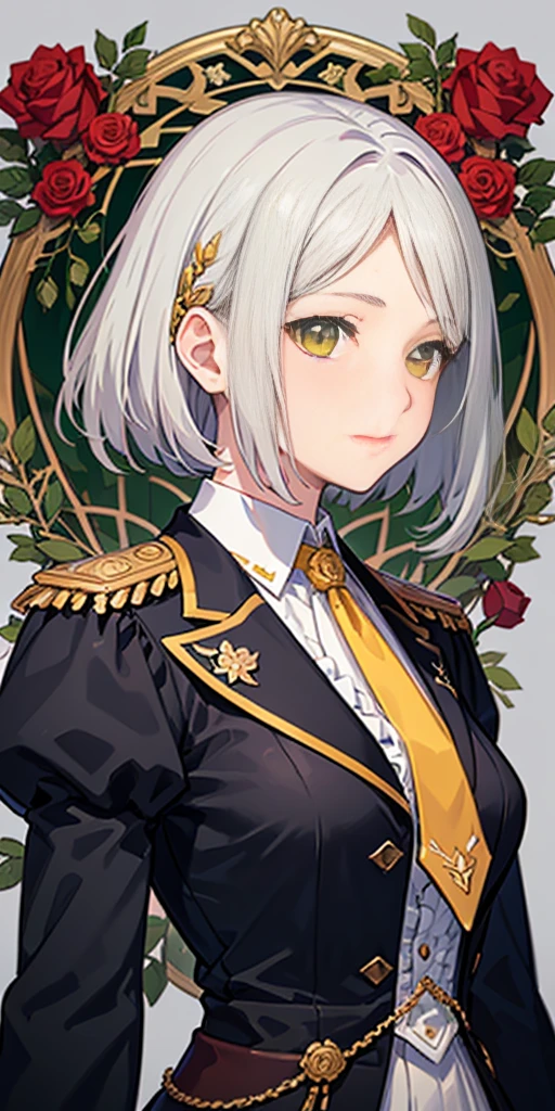 1girl, (grey background:1.2) upper body, white silver hair, short hair, clean forehead, short bob hair style, yellow eyes, detailed eyes, large breasts, green shirt, brown necktie, puffy sleeves, long sleeves, frills, epaulettes, red cape, (roses:1.2), (forest background:1.2), art nouveau, happy, looking down