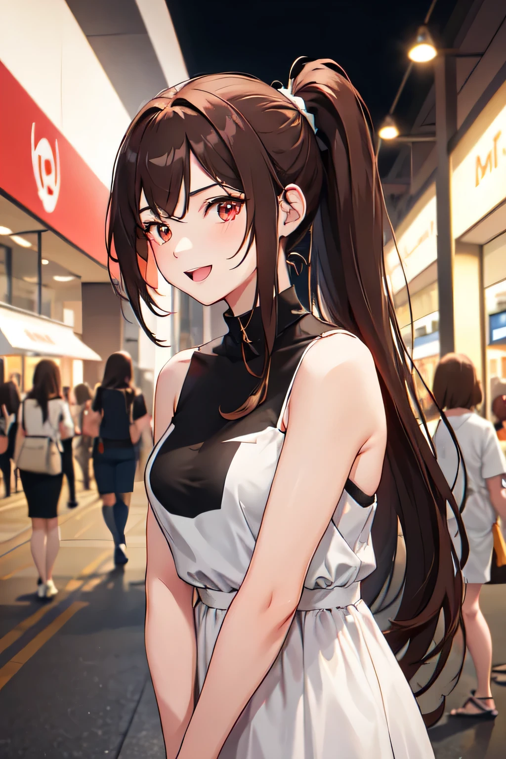 1girl,20y.o,midi dress,brown hair,mullet haircut,long hair,ponytail hairstyle,light red eyes,Mall background, happy expression