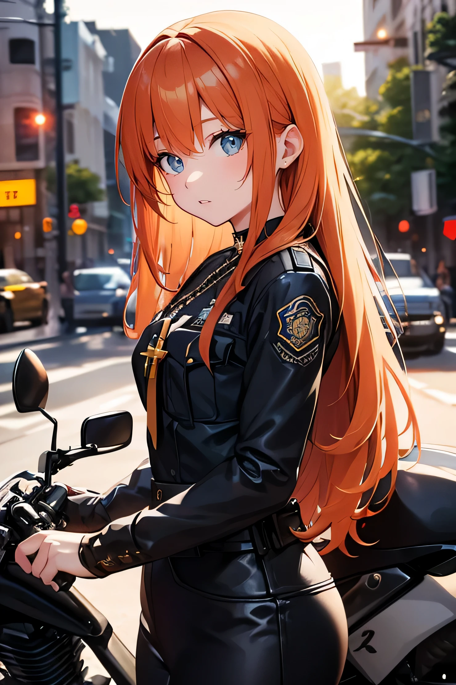 Ginger hair, long hair, straight bangs, police officer, police uniform, woman, illustrations, high-quality, ultra-detailed, realistic, vivid colors, portraits, warm tones, soft lighting. ((Necklace with a cross)). Woman. (police motorcycle) (On police motorcycle)