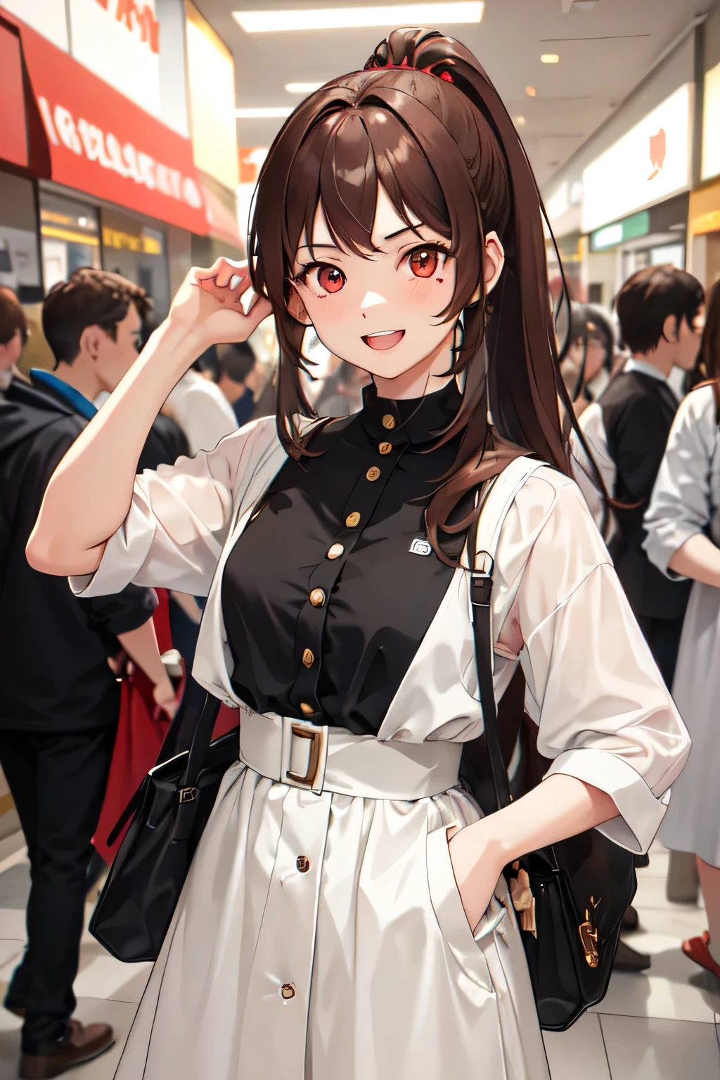 1girl,20y.o,midi dress,brown hair,mullet haircut,long hair,ponytail hairstyle,light red eyes,Mall background, happy expression