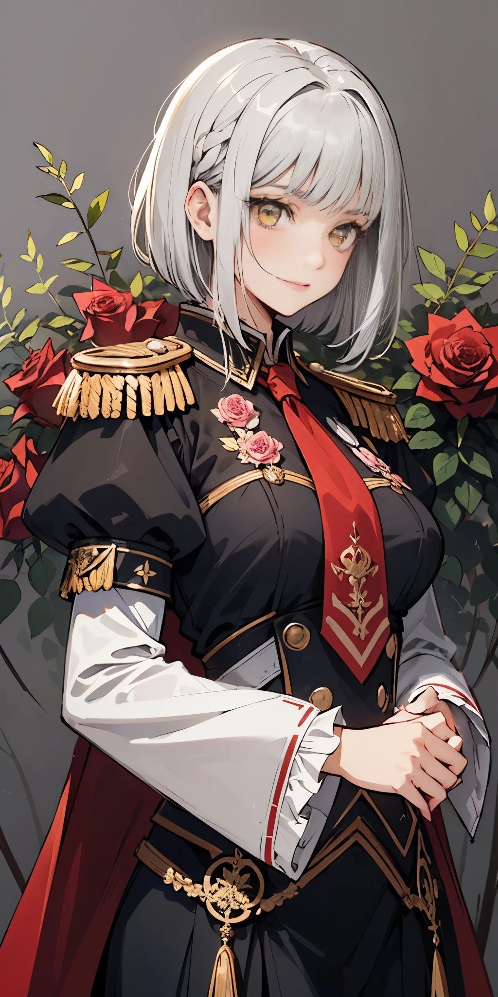 1girl, (grey background:1.2) upper body, white silver hair, short hair, clean forehead, short bob hair style, yellow eyes, detailed eyes, large breasts, green shirt, brown necktie, puffy sleeves, long sleeves, frills, epaulettes, red cape, (roses:1.2), (forest background:1.2), art nouveau, happy, looking down