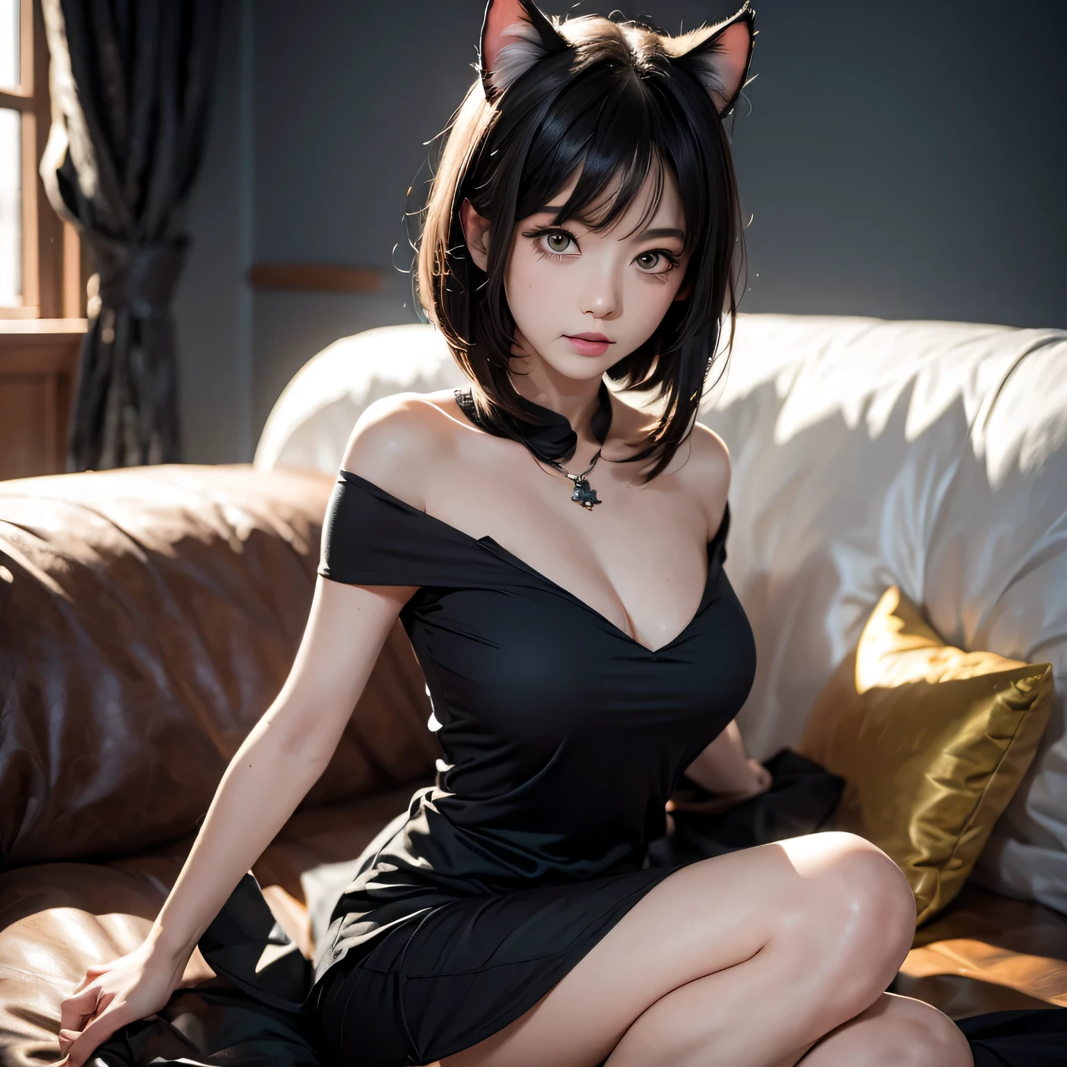 A girl, casual style, sitting , short black hair, Left bangs, black dress, (with yellow eyes and cat ears),
Camera Model: Canon EOS R6,
Lens: Canon RF 50mm f/1.2L USM