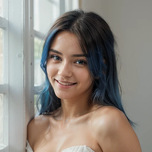 1 girl, blue hair, naked body, pubic hair, good natural lighting, intricate details, hyper realistic, photorealistic, Full body, porcelain skin, beautiful detailed eyes, beautiful detailed lips, Smiling, extremely detailed face, long eyelashes, elegant pose, subtle smile, soft lighting, natural skin texture, depth of field, high quality, 8k, masterpiece