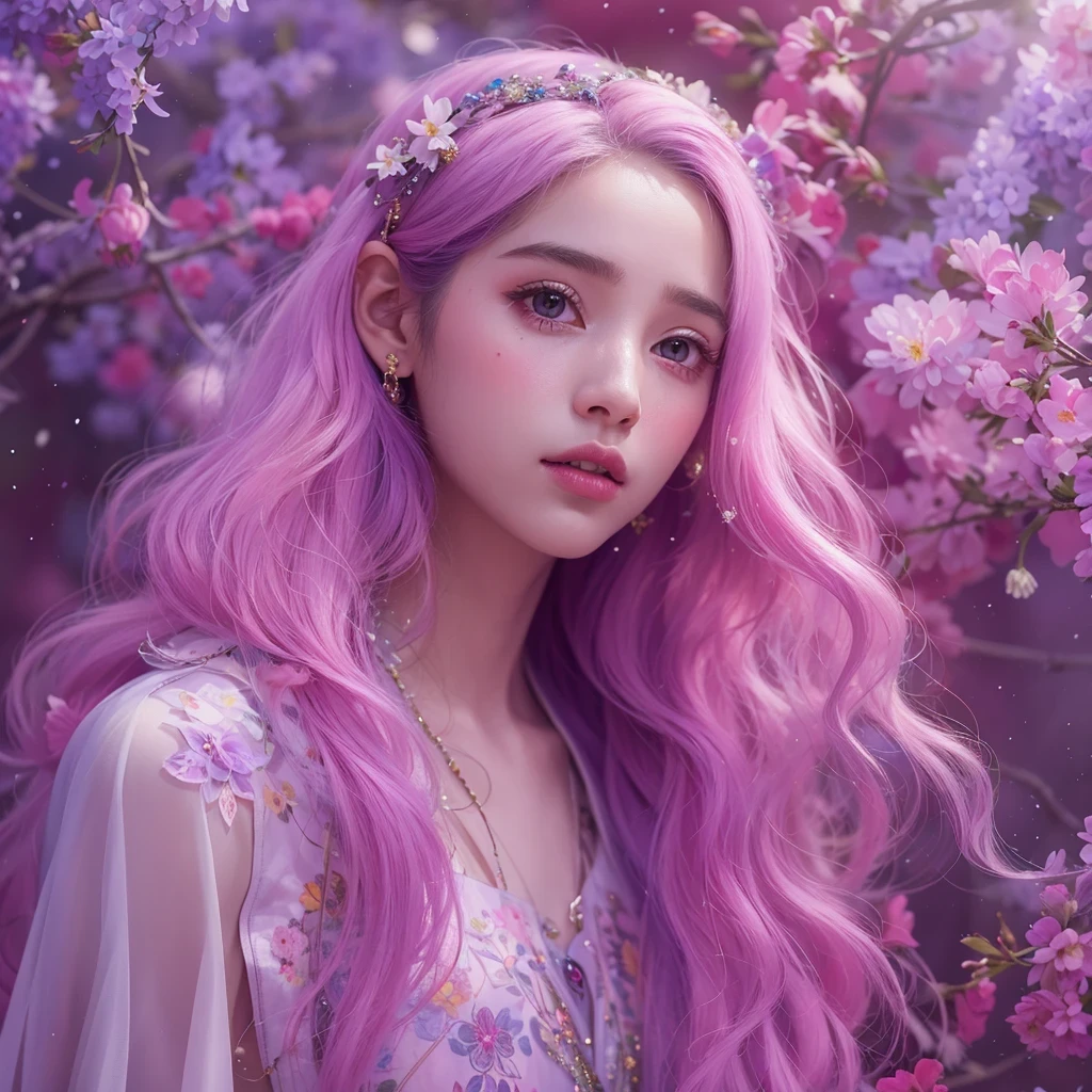 Snow hoop exclusion area 32K(tmasterpiece,k hd,hyper HD,32K)Long flowing purple-pink hair,Autumn Pond,zydink, a color, Tongzhou people (Girl with glowing eyes), (Thin silk scarf), Side squat position, looking at the ground, long whitr hair, Floating hair, Python headdress, Chinese long-sleeved clothing, (abstract ink splash:1.2), white backgrounid,Lotus protector(realisticlying:1.4),Purple-pink hair,Snowflakes fluttering,The background is pure, A high resolution, the detail, RAW photogr, Sharp Re, Nikon D850 Film Stock Photo by Jefferies Lee 4 Kodak Portra 400 Camera F1.6 shots, Rich colors, ultra-realistic vivid textures, Dramatic lighting, Unreal Engine Art Station Trend, cinestir 800,Long flowing purple-pink hair,((masterpiece)). This artwork is sweet, dreamy and ethereal, with soft pink watercolor hues and candy accents. Generate a delicate and demure fae exploring a (bubblegum world with a wide variety of pastel shades). Her sweet face is extremely detailed and realistic with elegant features and a fierce expression, and looks like ((((naomi scott)))). Include mature features and stunning, highly realistic eyes. Her eyes are important and should be realistic, highly detailed, and beautiful. In high definition and detail, include lots of details like stars, galaxies, colorful bubbles, colorful petals, and lots of energy and emotion! The stars and colorful bubblegum bubbles are important! Include fantasy details, enhanced details, iridescence, colorful glittering wind, and pollen. Pay special attention to her face and make sure it is beautifully and realistically detailed. The image should be dreamy and ethereal.8k, intricate, elegant, highly detailed, majestic, digital photography