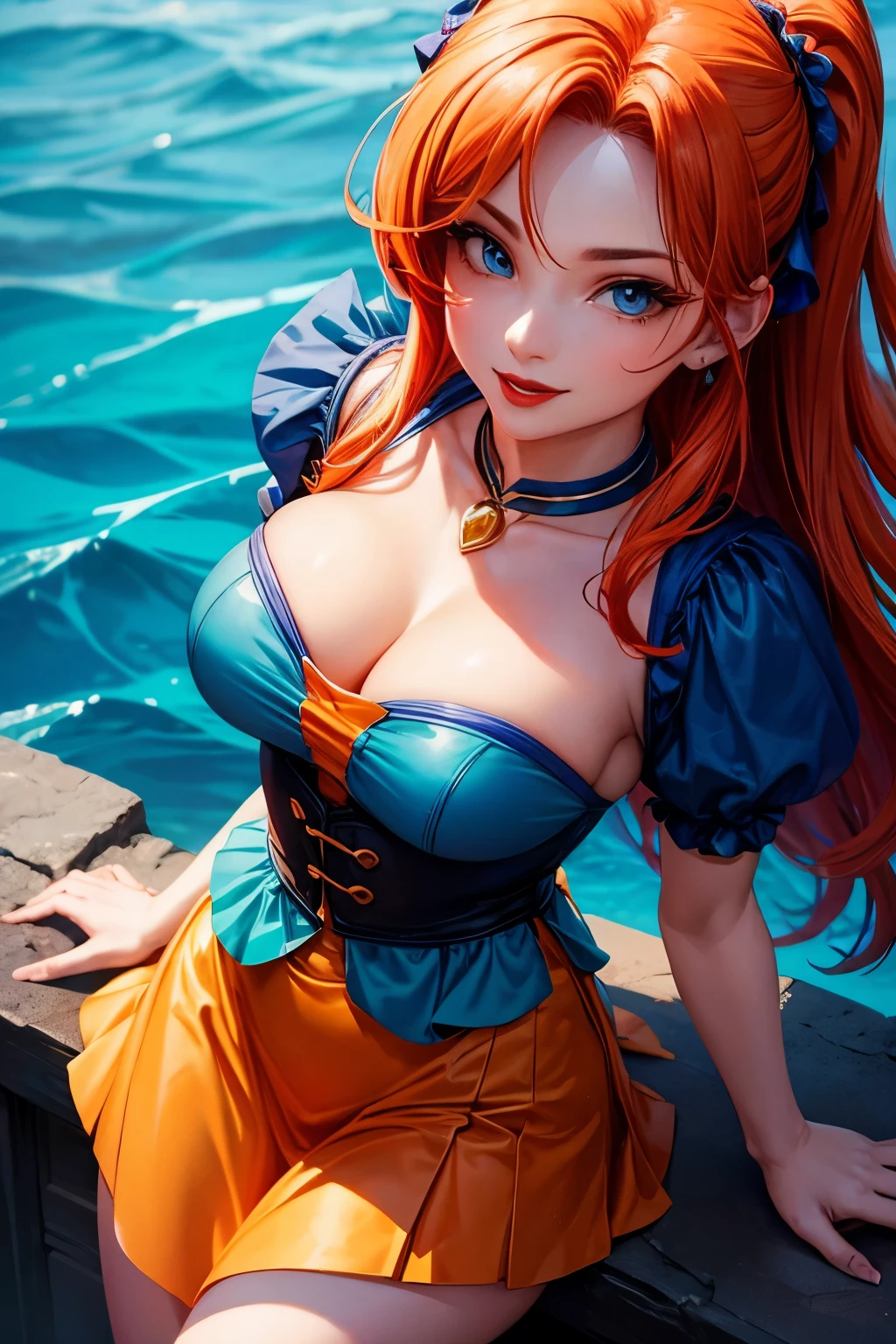 Masterpiece, full hd, high quality, super detail, woman, 30 years, perfect body, medium breasts, red lips, seductive smile, passionate look, blue eyes, orange hair, blue crio top, green skirt, tattu, 2d background, social media composition, seductive posture, from above
