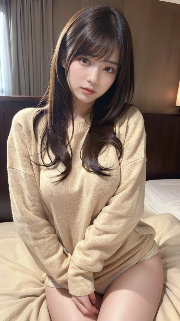 muste piece, best quality, illustration, Super detailed, fine details, High resolution, 8K,wall paper, perfect dynamic composition,(Details High quality, realistic depiction of eyes:1.3), (Fashionable、Beige oversized sweatshirt、long-sleeve),  Lying down, short bob hair, black hair color, Big Natural Color Lip, bold sexy pose, crying a little、cold gaze, Harajuku style、20 year old girl、cute type、lolita、beautiful legs, hotel room, hposing Gravure Idol, Voluptuous thighs